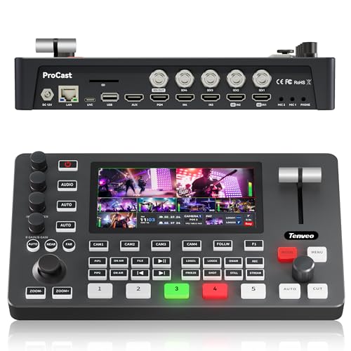 Tenveo Video Mixer Switcher, 4K 60FPS Live Streaming Video Switcher, 5.5" FHD Display, 4X SDI and 4X HDMI Inputs, 1080P 60FPS Output, USB Recording, Support PTZ Camera and Controller
