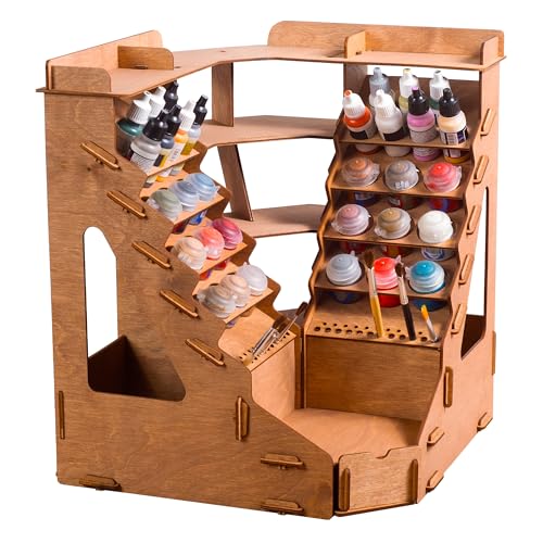 Plydolex Plywood Corner Model Paint Organizer - 32 Bottle & 46 Brush Slots Rack, 3 Shelves, 6 Stands & a Photo-Shooting Scene - Suits Tamiya, Vallejo, Citadel Paints - Works for Warhammer 40K, DnD