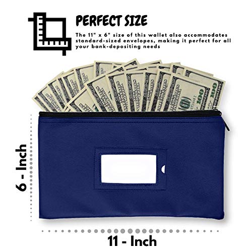 Money Bank Deposit Bag with Zipper | 11x6 inch | Navy Blue | Durable Leatherette Money Cash Coin Check Wallet Pouch for Men & Women with Framed ID Window and Blank Card | by GIDABRAND (3) - Thumbnail 4