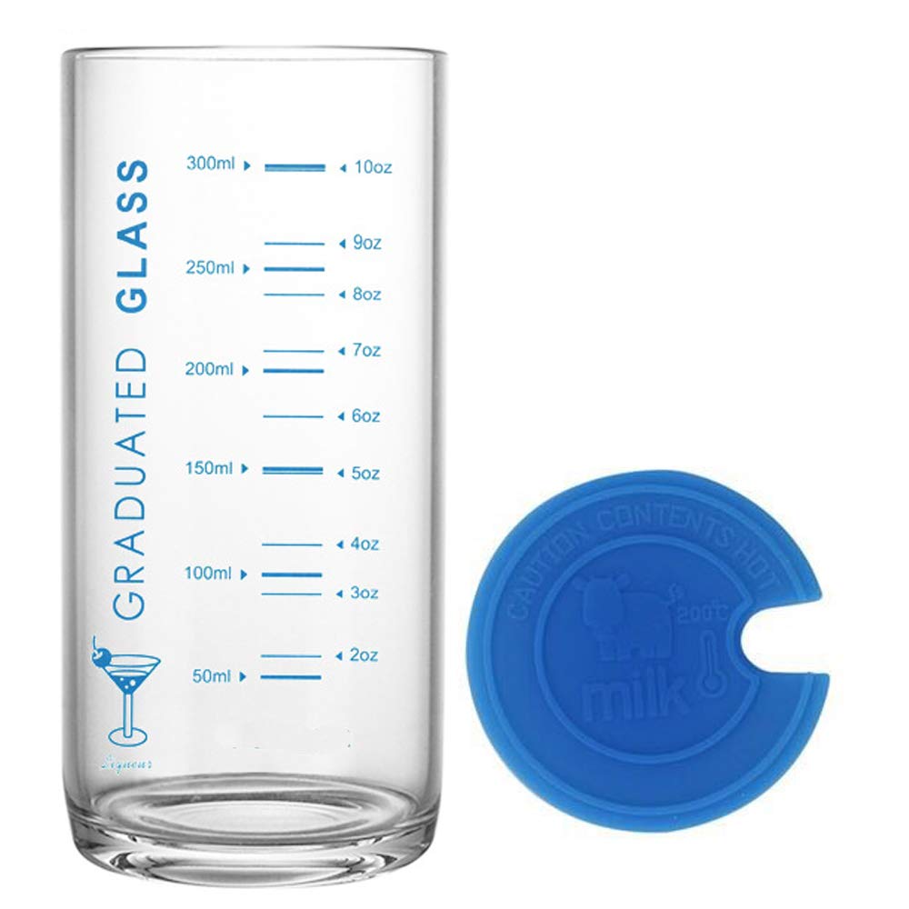 TAMUME Milk Glass Tumbler and Cup with Measures, Glass with Measurements and Silicone Lid, Max. Capacity 330ml (Blue)