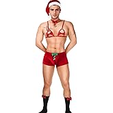 EHSUYAB Men's 5Pc Christmas Bow Lingerie Santa Outfit, Exotic Apparel Boxer Shorts Underwear, Holiday Costume Funny Gift