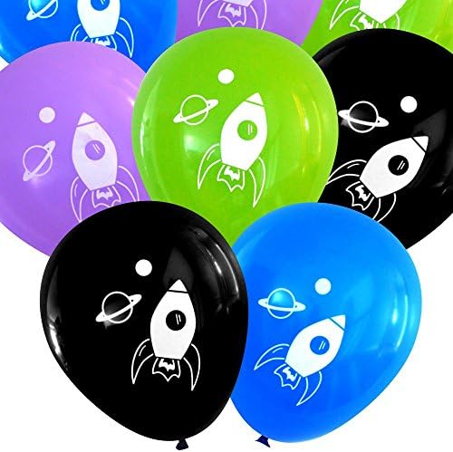 Rocket Ship Space Latex Balloons (16 pcs) by Nerdy Words (Blue, Purple, Lime, Black)