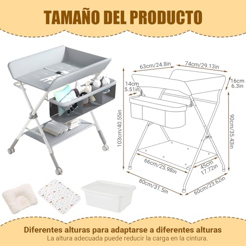 Cambiador para Bebe, Gris Multifuncional con Altura Ajustable, Mueble Cambiador para Bebe, Plegable con Ruedas, Cómoda Cambiador para Bebe, 3 Alturas Ajustables, con Barra Secar Ropa, Canasta Almacenamiento, Ruedas silenciosas universales