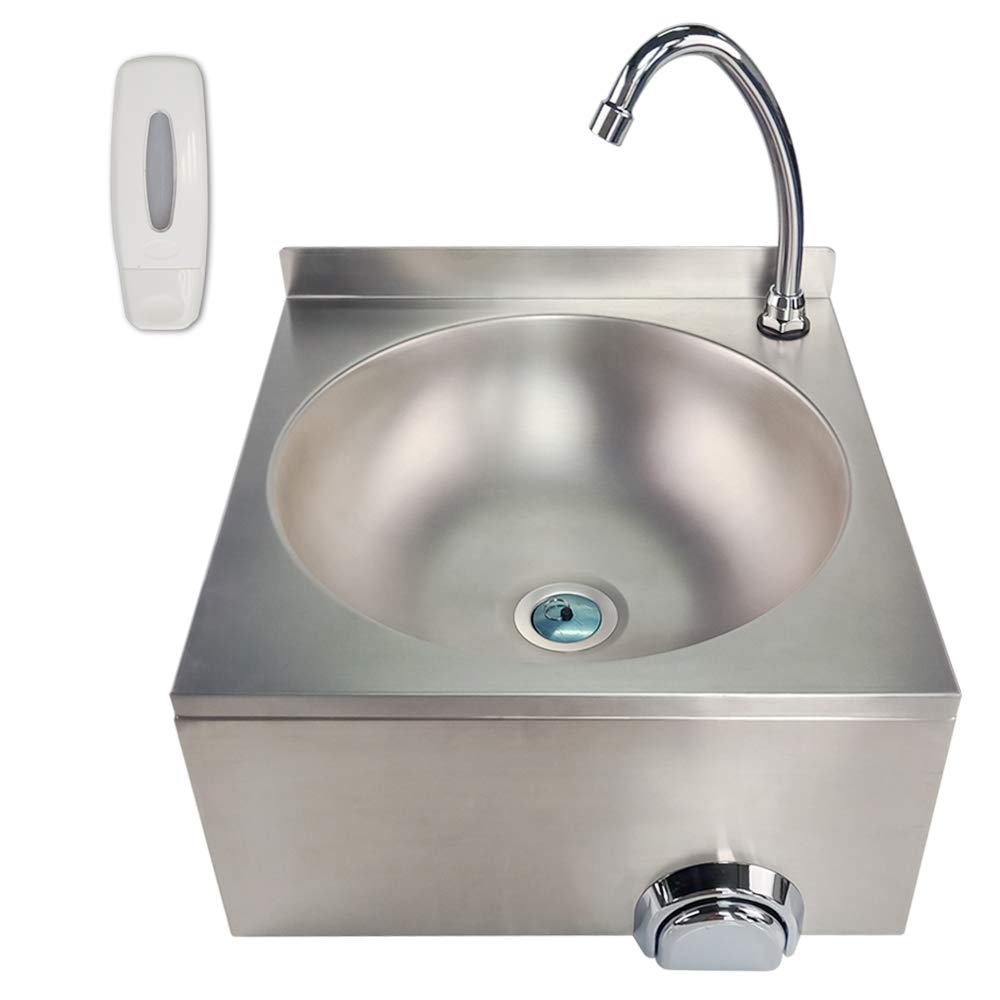MOOTACO Stainless Steel Hand Wash Basin with Knee Operation, Wall-Mounted Includes Tap and Splashback 40x40x24cm