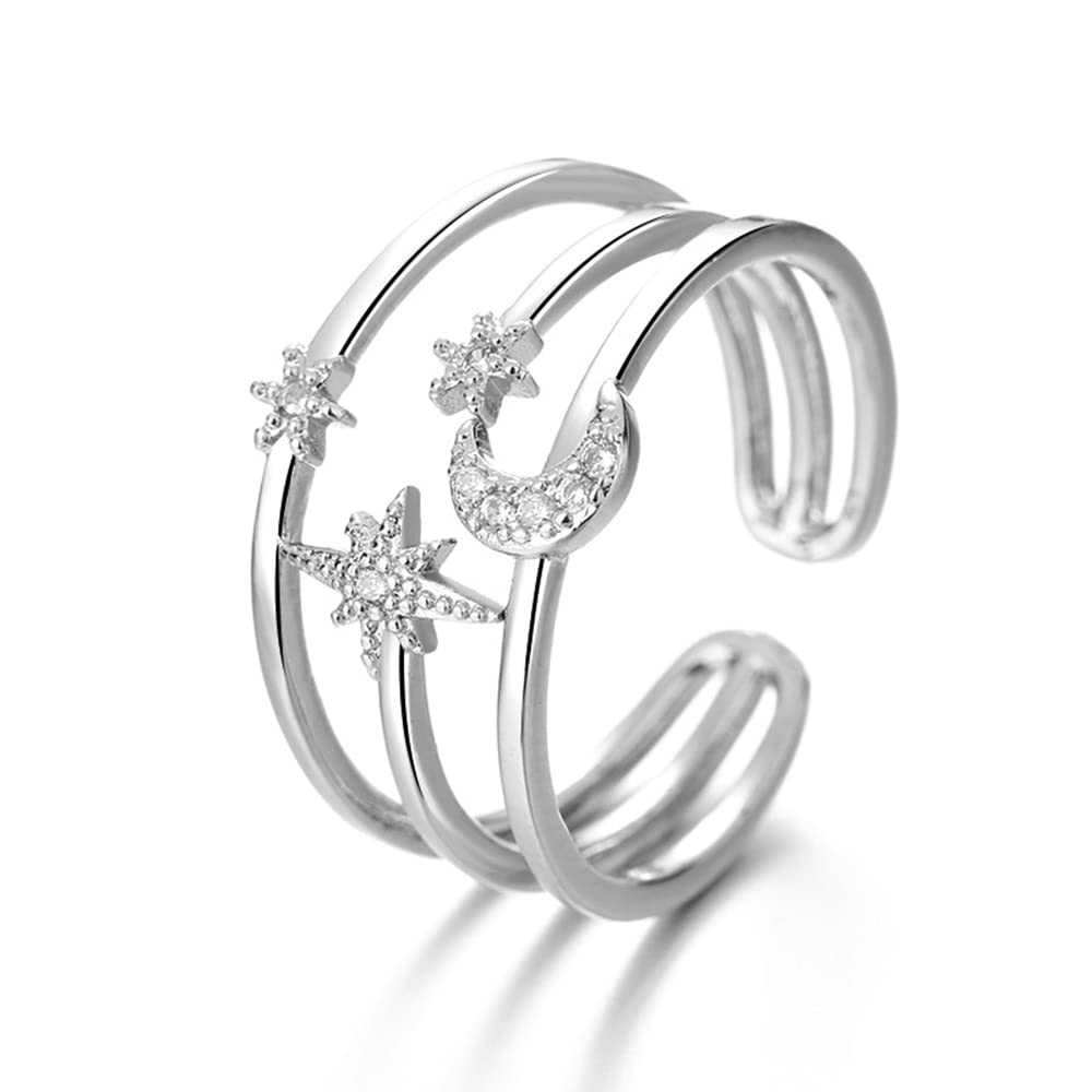 Crescent Moon Star Sun Statement Silver Plated Ring for Women Girls Dainty Sparkly CZ Layered Open Band Rings Fashion Adjustable Expandable Wedding Promise Birthday Stylish Jewelry Gift Girlfriend