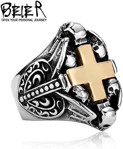 Rainy Today Ring Stainless Steel Skull Gold Cross Unique Punk Ring Jewelry Man Biker Punk Motorcylce Jewelry Ring for Man and Boy BR8379 US size 9.0