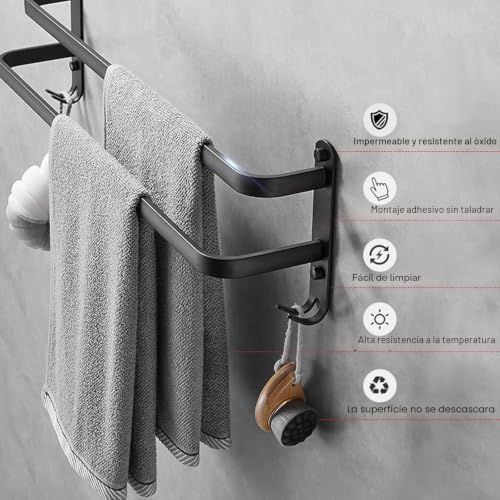 Toalheira preta de 80 cm sem furação, barra dupla de toalhas para casa de banho e cozinha com instalação sem buracos