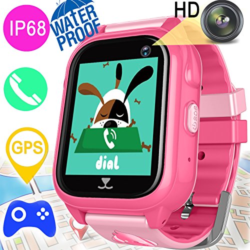 Kids Smart Watch GPS Tracker for Girls Boys Waterproof IP68 Fitness Trackers Smart Game Wrist Watch with SIM Pedometer Camera Anti-lost Swim Run Summer Oudoor Wearable Phone Bracelet for iOS Android