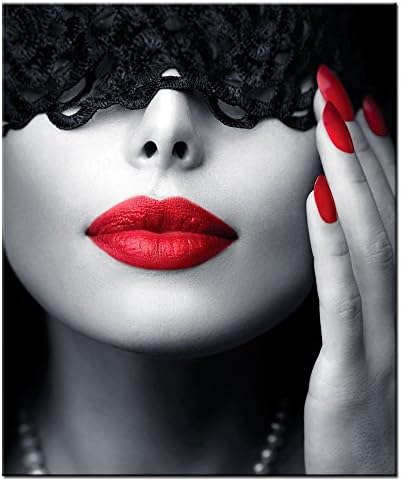 TOT ART Red Sexy Lips and Nails Canvas Prints Beautiful Lace Woman Posters Picture Print on Canvas with Wood Frame,Modern Home Wall Decoration Artwork Ready to Hang