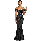 Women's Sparkly Sequin Prom Dresses 2026 Off Shoulder Mermaid Pleated Satin Evening Wedding Guest Ball Gown