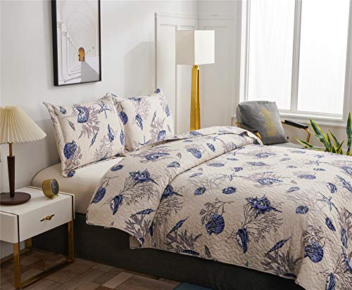 3-Piece Coastal Antique Quilt Set Twin Size,Tropical Seashells Sea Fan Starfish Coral in Offwhite Background, Nautical Quilted Bedspread Coverlet Bedding Set Bedroom Decor for All Seasons (Blue,Twin)