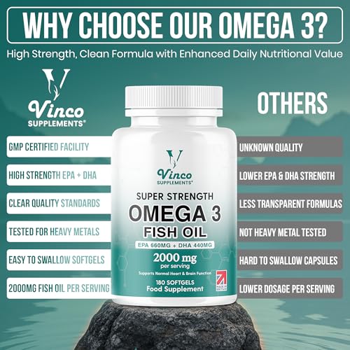 Vinco High Strength Omega 3 Fish Oil 2000mg | EPA 660mg & DHA 440mg Per Serving | Promotes Heart, Brain & Eye Health | Non-GMO GMP Certified 180 Omega 3 Softgels Capsules (3 Month Supply) - UK Made