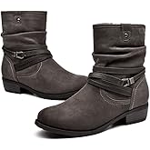 VJH confort Women's Mid Calf Boot,Round Toe Low Heel Comfort Slouchy Bootie with Side Zipper Buckle Strap