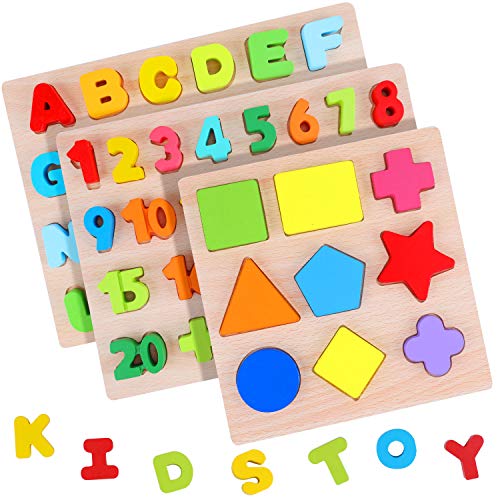 AiTuiTui Alphabet Puzzle Board Numbers Shapes 3 Sets Wooden Blocks for Toddlers, Colorful ABC Wooden Letters 1-20 Numbers Shapes Early Learning Toys for Kids Age 3 4 5 6