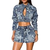 Elainone 2 Piece Denim Skirt Set for Women Zipper Jacket and Mini Skirt Sets with Pockets