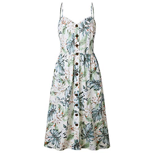 LitBud Womens Dress Summer Spaghetti Strap Vintage Holiday Button Down Pockets Vacation Midi Swing Dresses for Ladies Leaves Yellow Size 6 8 M