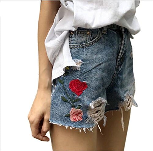 KEBINAI Embroidery Rose Denim Shorts Female NEW Summer High Waist Women Jeans Short Retro Hole Pantalones Cortos Mujer S~L