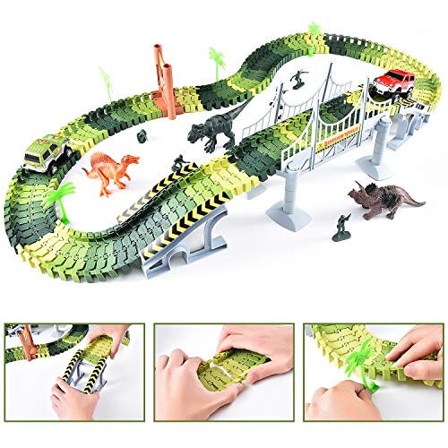Fulljion Jurassic World Dinosaur Toys Track Racing Playset, 142pcs Building Toys DIY Assembled Track Set 2 Electric Cars(Equipped 2 Batteries), 3 Dinosaurs, 5 Soldiers - Children Christmas Toys