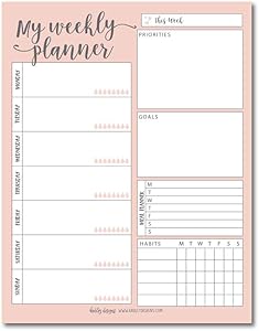 Pink Undated Weekly Family Calendar Planner Pad, Mom Monthly to Do List Desk Paper Notepad, Week Day Weekend Organizer, Personal Goal Habit Tracker, Kids School Work Productivity, 50 Tear Off Pages