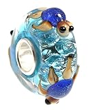 Blue Turtles on Aqua 3-D Glass Bead 925 Silver Single Core Charm Fits European Style Bracelets
