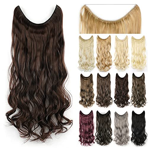 IMISSU 22'' 26'' Long Body Wavy Hair Extensions Fish Line Hairpiece Synthetic Invisible Secret Wire Headwear Flip Curly Hair Extension Pieces (22 Inch,Chocolate Brown)