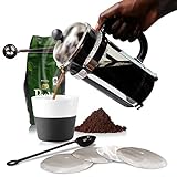 French Press Coffee Maker Pot Carafe and Presser Plus Bonus Metal Scoop/Bag Clip, Java Spoon and 4 Stainless Steel Filter Screens | Double Filtration Plunger | Value Bundle by Chef Amore | 1 Liter