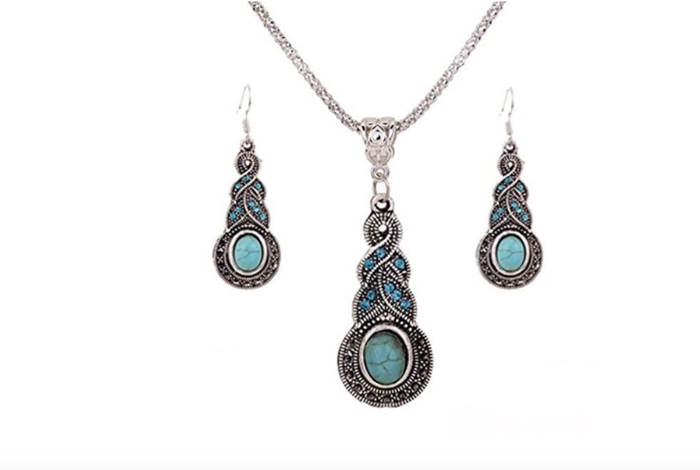 celenide® Set earrings turquoise rhinestones silver necklace tribal ethnic bohemian