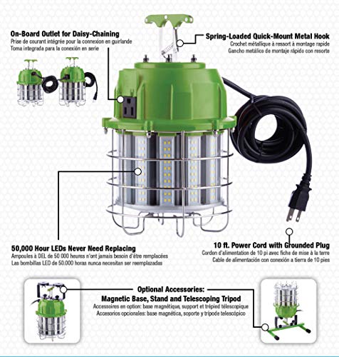 PowerSmith PTLK52-60 New 7,200 Lumen High Bay Temporary LED Hanging Daisy Chain Work Light with 10 ft Power Cord and 5 Year Warranty, Small, Green