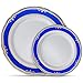 Laura Stein Designer Dinnerware Set | 64 Disposable Plastic Party Plates | White Wedding Plate with Blue Rim & Gold Accents | Includes 32 x 10.75 Dinner Plates + 32 x 7.5” Salad Plates | Cobalt Blue