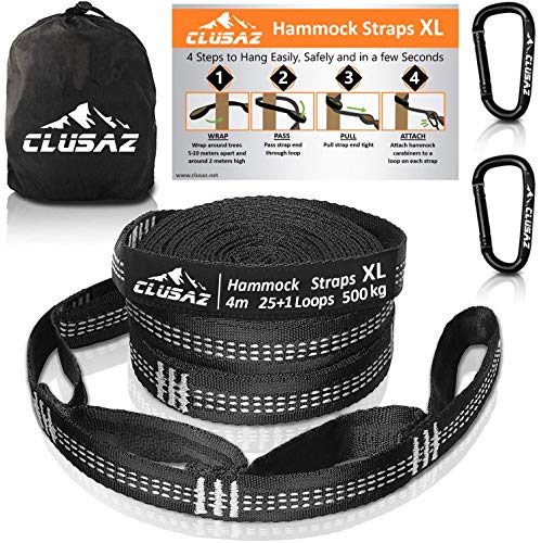 CLUSAZ Hammock Straps XL 26 Feet & 50 Loops – Set of 2 Tree-Friendly Straps 500 kg (1100 lbs) Heavy Duty Suspension System Kit for Camping Hammock with 2 Premium Carabiners