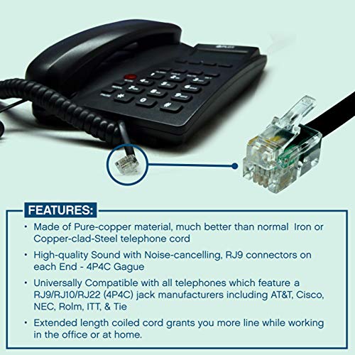 RocketBus Coil Curly Black Extension Phone Cable to Cord for At&t GE Vtech Uniden Handset