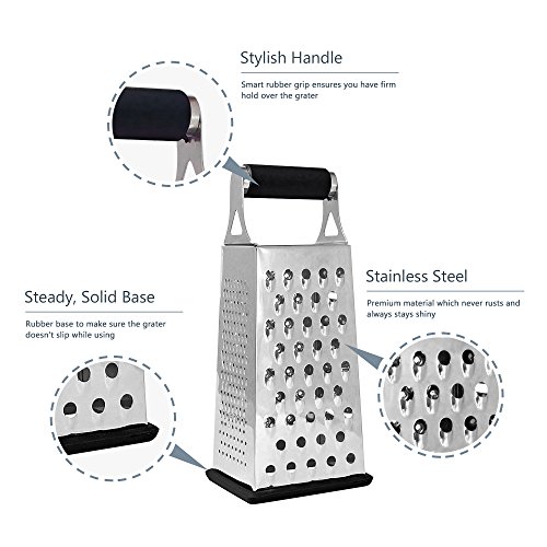Cheese Grater & Shredder - Stainless Steel - 4 Sided Boxed Grater - Large Grating Surface with Razor Sharp Blades - Perfect to Slice, Grate, Shred & Zest Fruits, Vegetables, Cheeses, Chocolate & More!
