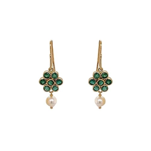 18k (750) Yellow Gold, Emerald and Pearl Drop Earrings for Women