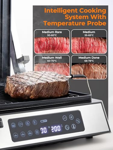 FOHERE Multifunctional 4 in 1 Contact Grill, Waffle Maker and Sandwich Maker with 4 Removable Non-Stick Plates, Individual Time and Temperature, LED Display, 2000W