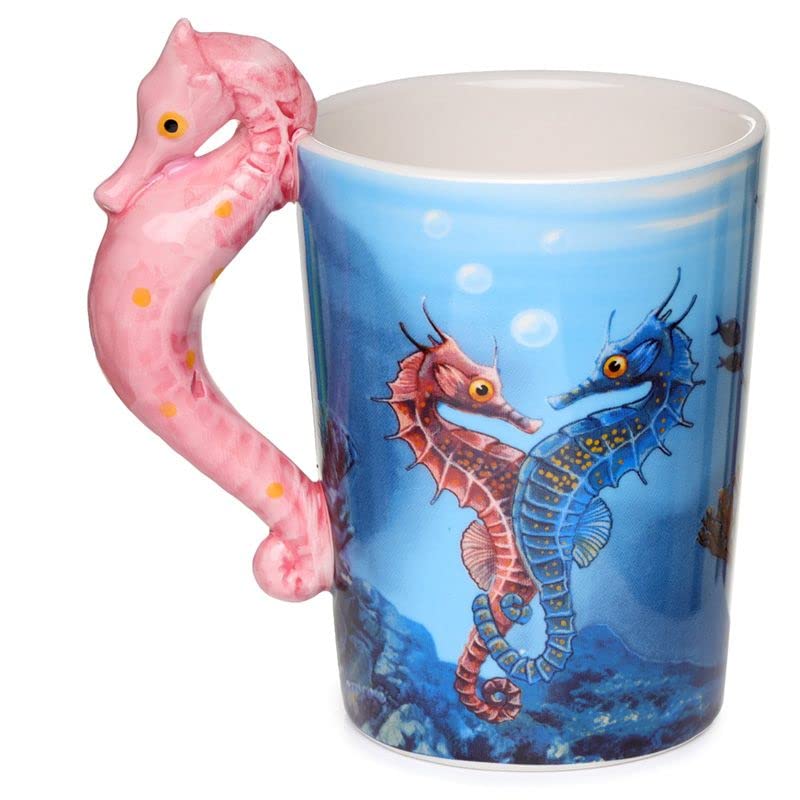 Caribou Living Seahorse Handle Novelty Ceramic Mug Cup Sea Aquatic Design 400ml for Hot Drinks Tea Coffee Hot Chocolate
