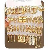 24 Pairs Minimalist Gold Hoop Earrings Set for Women Vintage Chunky Hoops Unique Pearl Earrings Multipack Comfortable and Cool Design Jewelry for Birthday Partie