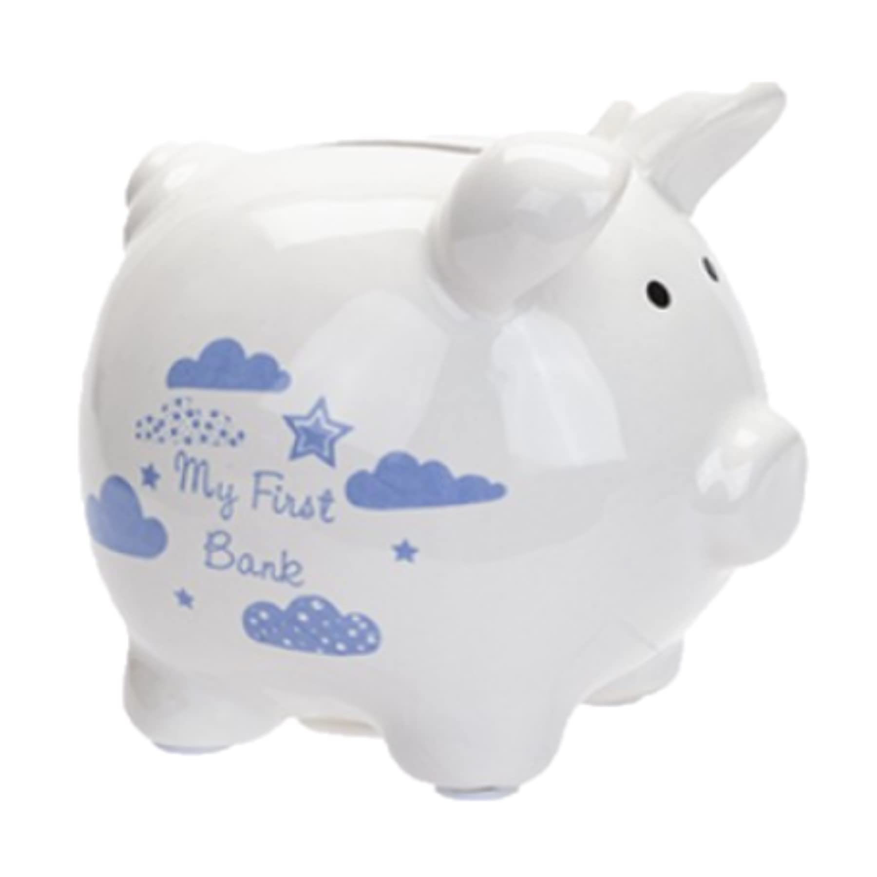 My First Bank Piggy Money Box White with Stars/Clouds - Blue 1364