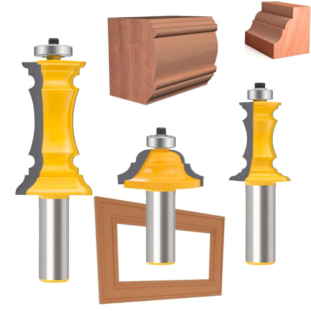 TAIWAIN 1/4 Shank Router Bit Set 3 PCS, Round Over Raised Panel Cabinet Door Rail and Stile Router Bits, Wood Milling Tool, Groove Tongue Cutter Tool for Woodworking(F-Nail Type)