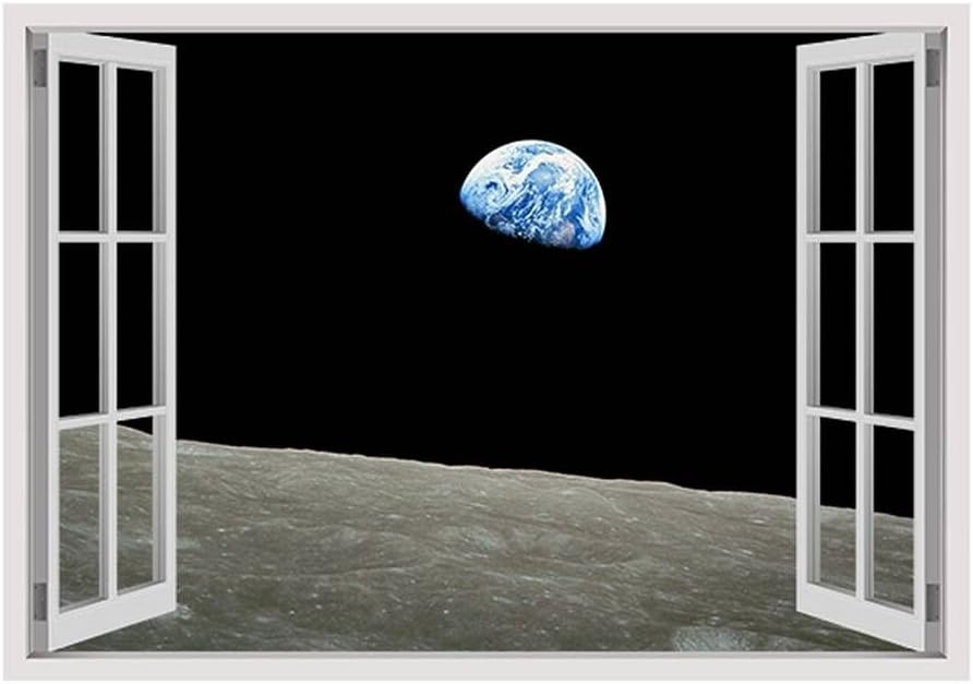 Alonline Art - Planet Earth From Moon by Fake 3D Window | print on canvas | Ready to frame (synthetic, Rolled) | 22"x16" - 57x41cm | Wall art home decor for kitchen or for living room | HD painting