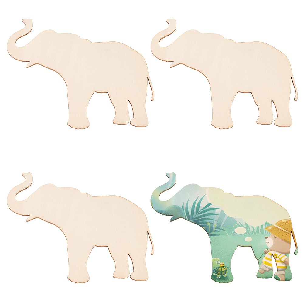 OLYCRAFT 4Pcs Unfinished Wood Pieces 155x114mm Elephant Wood Cutouts for DIY Crafts, Wall Decoration & Pendants