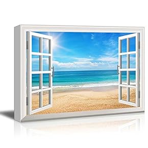 Canvas Print Wall Art - Window Frame Style Wall Art - Beach View on a Bright Sunny Day | Giclee Print Gallery Wrap Modern Home Decor. Stretched & Ready to Hang - 24" x 36"