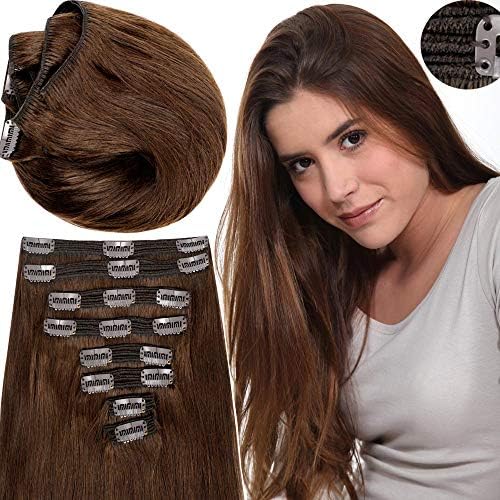 200g Real Triple Weft Extra Thick Clip in 100% Remy Human Hair Extensions Full Head (14 inch 200G 7.05Oz #04 Medium Brown) 8 Pcs Set Grade 10A Natural Hair Pieces Long Straight for Women
