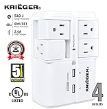 KRIËGER UL 1449 - 4-Rotating Outlet Wall Mount - Advanced Fireproof Surge protector with X3 MOV Technology - 2.4A Dual USB Charging ports, fast charge your iphone android and tablets.