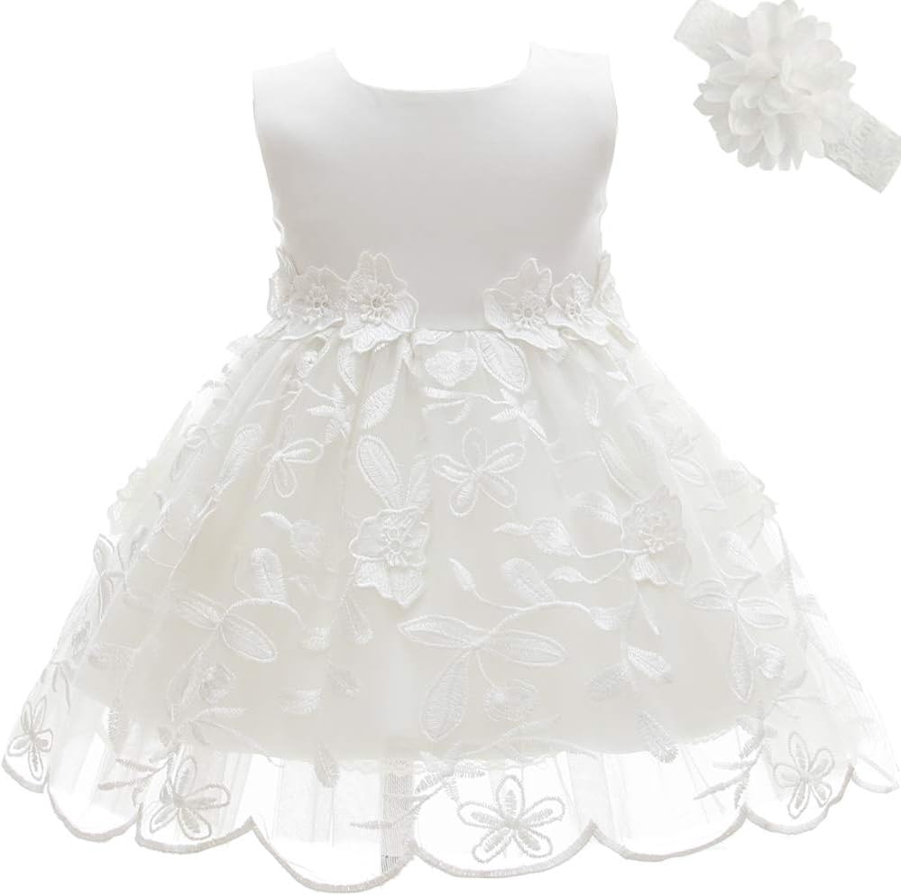 AHAHA Baby Girls Christening, Wedding Party Flower Dress, White2, 3 Months