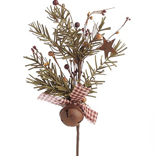 Artificial Rustic Holiday Evergreen Picks with Rusty Bells, Stars and Ribbon - 6 Picks