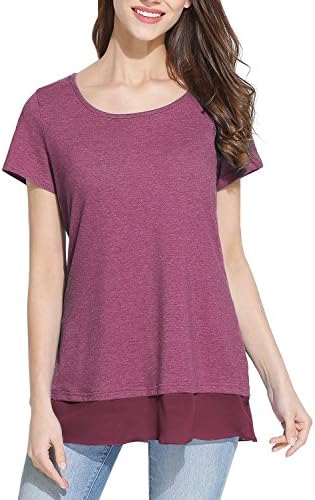 Ortilerri Women's Summer Short Sleeve Shirt With Chiffon Bottom Hem, Casual Solid Tunic Tops (Wine Red, M)