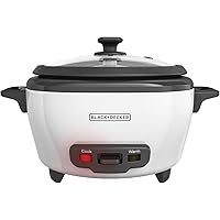 BLACK+DECKER Rice Cooker 6 Cups Cooked (3 Cups Uncooked) with Steaming Basket, Removable Non-Stick Bowl, White