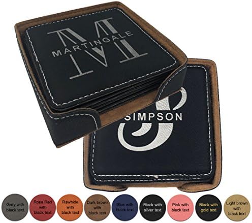 Personalized Leatherette Name Coaster - Set of 6 with Holder. Free Engraving by Griffco (Black w/ Silver Text)