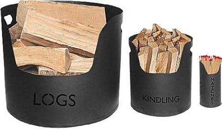 Log Kindling Matches Tubs Set Metal Black Bucket Log Holder