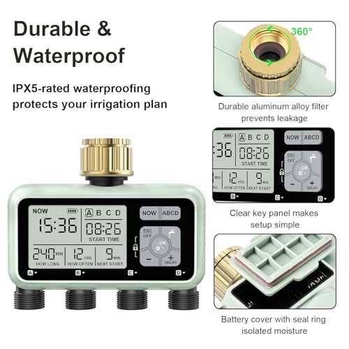 Watering Timer 4 Zone with Brass Inlet, Sprinkler Timer, Programmable Garden Outdoor Hose Faucet Timer with Rain Delay, Auto & Manual Watering System for Garden Lawn